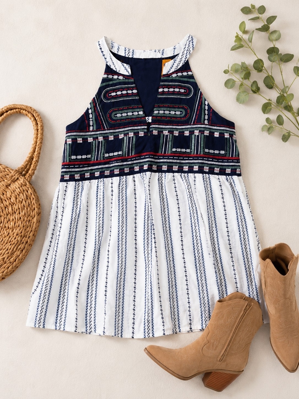 THML Navy, White & Red Embroidered Peplum Tank